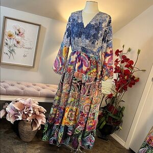 Johnny Was 100% Silk Multi Color Floral & Paisley Tiered Maxi Dress Size Small